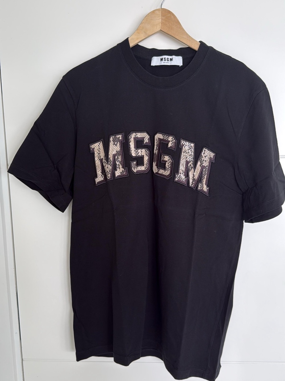 MSGM Black Tee with Beige Sequined Logo